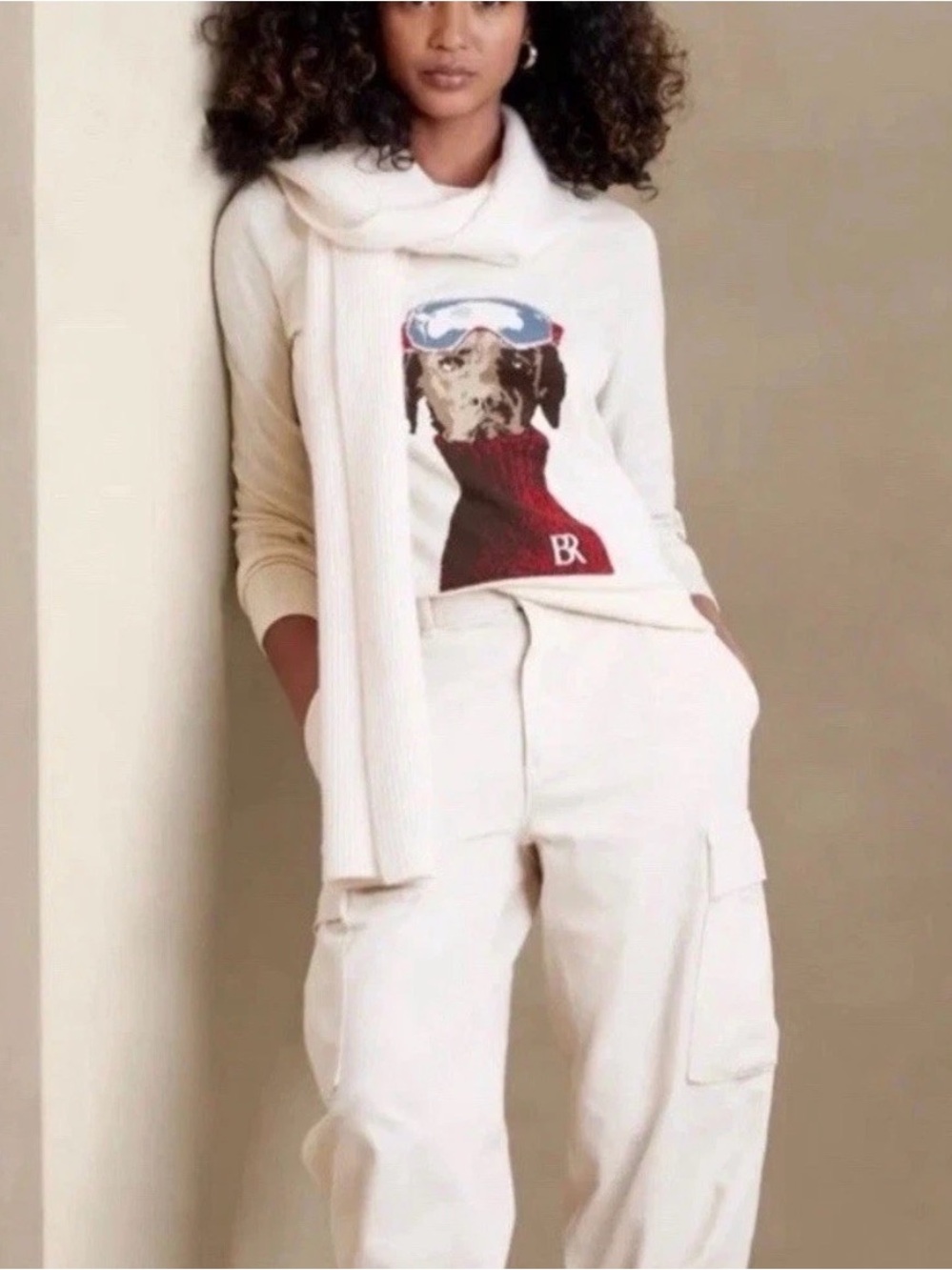 Banana Republic Dog Intarsia Sweater in Oatmeal with Red & Blue Accents